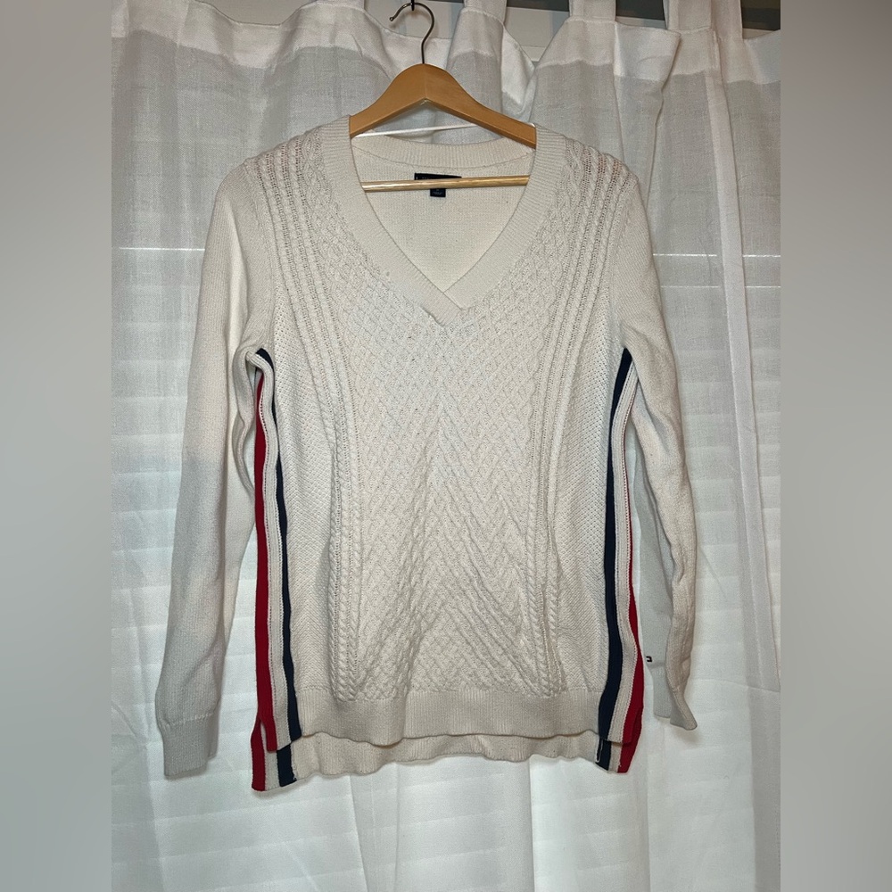 Tommy Hilfiger Ivory V-Neck Sweater with Navy and Scarlet Stripes